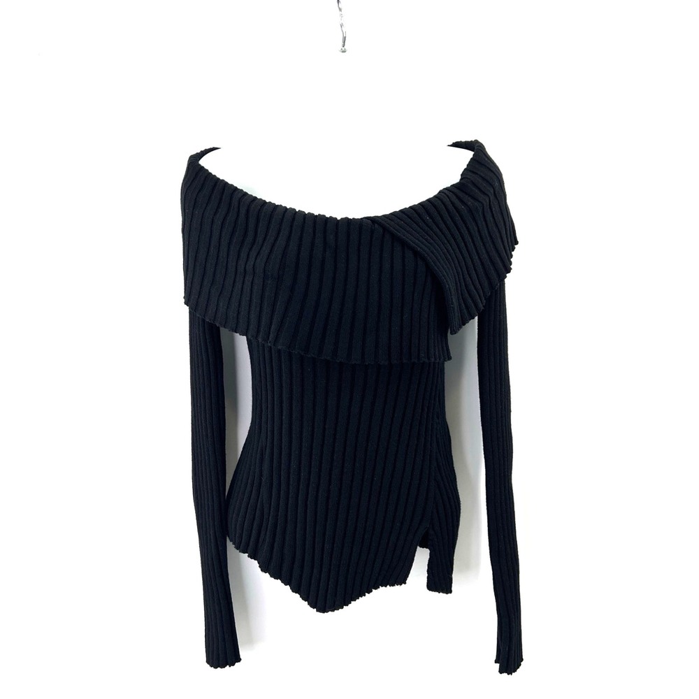 Vintage Y2K Off The Shoulder Sweater Sz M  Asymmetric Hem Hand Loomed USA Black